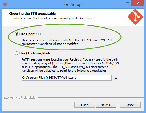 Git Setup - Choosong the SSH executable